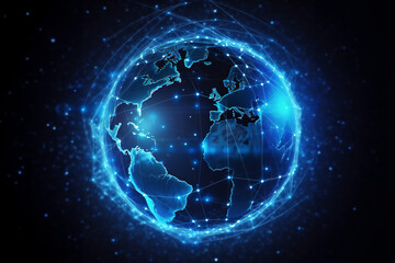Obraz premium Planet earth surrounded by a network that symbolizes internet connection. high data, hyper high detail realistic concept.Generative AI, illustration