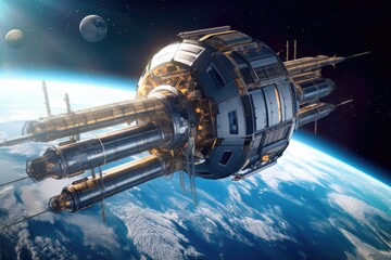 Fototapeta na wymiar futuristic space station with earth background, created with generative ai