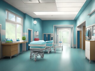 The interior of a hospital with windows. Photorealistic illustration generated ai