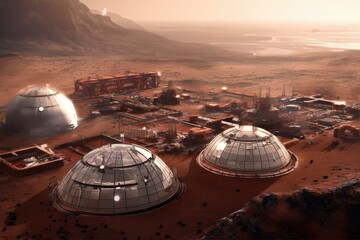 mars colonization base with dome structures, created with generative ai