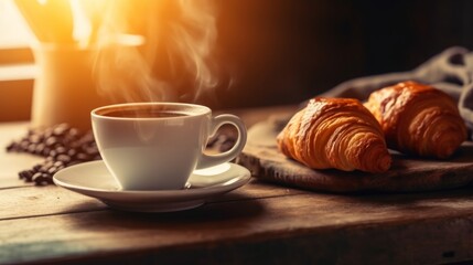 Photo of a delicious breakfast spread with coffee and croissants on a table .generative ai - obrazy, fototapety, plakaty