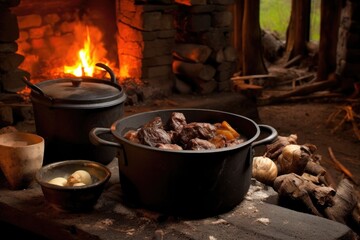 rustic kitchen setting with dutch oven stew, created with generative ai