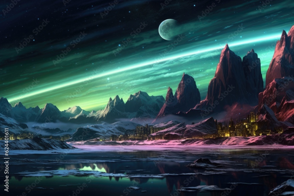 Wall mural a panoramic view of auroras on various planets, created with generative ai