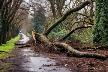fallen tree branches scattered on park path, created with generative ai