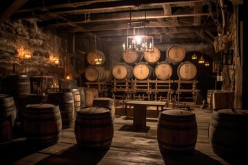 whiskey barrels in a dimly-lit cellar, created with generative ai