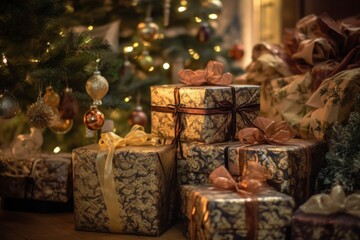 Fototapeta na wymiar Photo of a festive display of wrapped presents under a beautifully decorated Christmas tree .generative ai