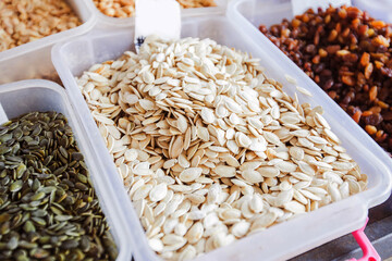 Roasted pumpkin seeds on local farmers market.