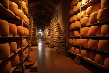 wide-angle view of expansive cheese cellar, created with generative ai