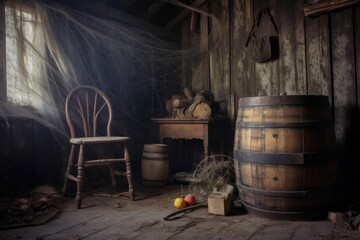 wooden barrel with cobwebs in a dusty attic, created with generative ai