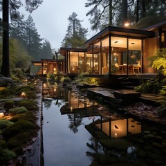 Obraz premium Breathtaking Luxury wooden home in the woods, generative ai