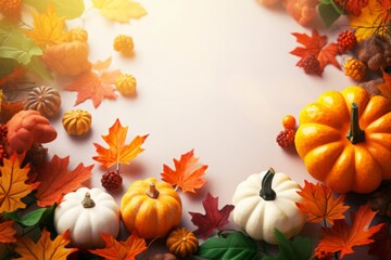 Obraz na płótnie Canvas Photo of a festive fall table adorned with artificial pumpkins and autumn leaves .generative ai