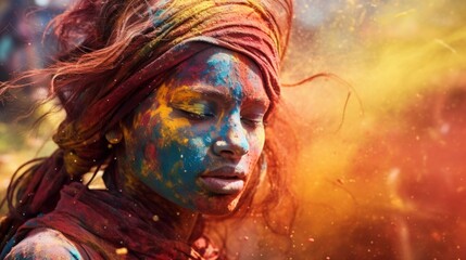 Photo of a young woman covered in colored powder with her eyes closed celebrating holi india.generative ai
