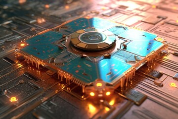 Naklejka premium futuristic bionic neural chip on a circuit board, created with generative ai