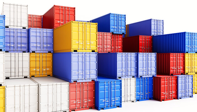 Shipping Containers Stacked On Top Of Each Others Isolated On White Background 3d Rendering