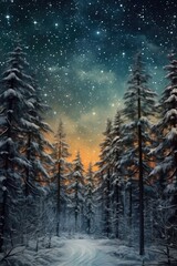 snowy winter landscape with pine trees and sparkling stars, created with generative ai