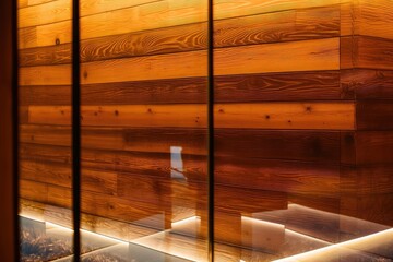 close-up of wooden paneling, with reflections and textures visible, created with generative ai