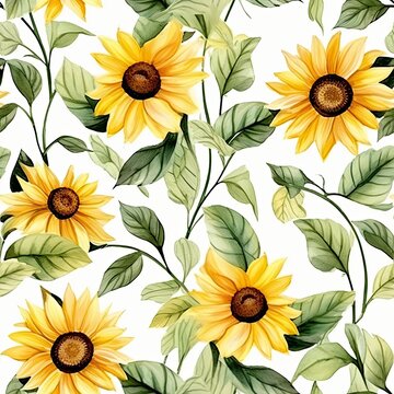 Beautiful yellow seamless sun flowers and leaves pattern