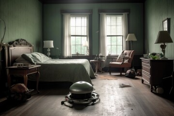 robot vacuum navigating around furniture in a bedroom, created with generative ai