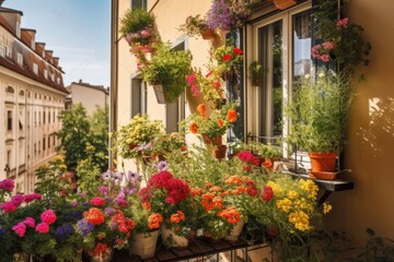 window garden filled with colorful flowers and herbs, on a sunny balcony, created with generative ai