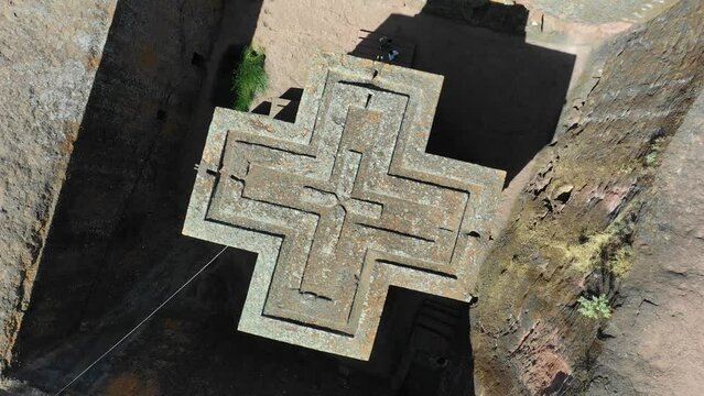 Aerial view of monolithic rock-cut church of bete giyorgis Lalibela, Ethiopia
