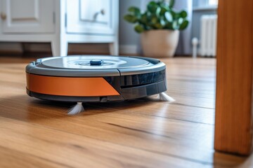 close-up of robot vacuum cleaning hardwood floor, created with generative ai