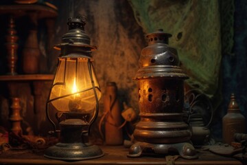 Fototapeta na wymiar close-up of an old kerosene lamp with chimney, created with generative ai