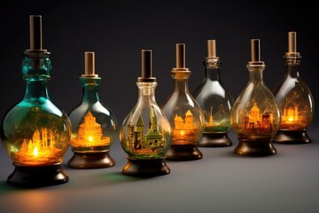 Obraz na płótnie Canvas collection of oil lamps with unique glass chimneys, created with generative ai