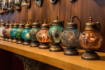 a row of vintage oil lamps with various designs, created with generative ai