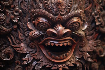 close-up of intricate balinese mask carvings on wood, created with generative ai