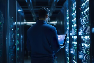 Fototapeta premium Successful people Data Center IT Specialist back view Using Tablet Computer, Turning Augmented VFX Visualization on Server Farm Cloud Computing Facility