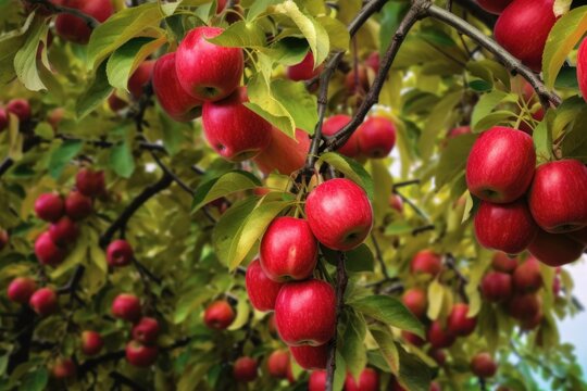 close-up of ripe apples hanging on tree branches, created with generative ai