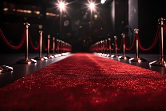 Red carpet with obstacles and red ropes for celebrity ceremony.