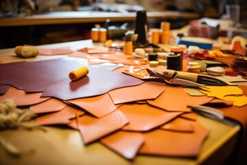crafting process: leather pieces being cut, created with generative ai