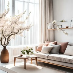 modern living room with sofa In a stylish Scandinavian living room, a vase sits on a wooden side table, showcasing blooming cherry plum tree branches. The room is bathed in soft natural light, filteri
