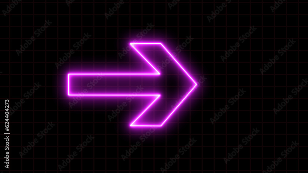 Poster purple color arrow points to the right. flashing neon icon to the right arrow. right neon arrow.