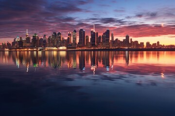 city skyline reflecting onto calm water at twilight, created with generative ai