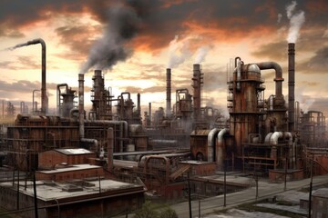 Fototapeta na wymiar industrial city skyline with factory smokestacks, created with generative ai