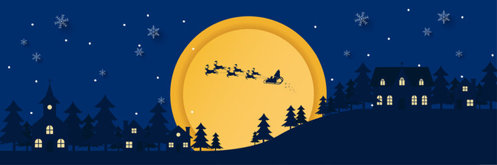 Merry christmas background. silhouette of santa claus with sled and reindeers on the sky coming at city village and christmas tree in night time with snowfall. Vector illustration © sichon