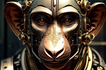 Portrait of high-tech monkey made out of metal generated by AI.