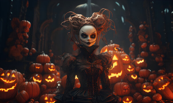 personnage terrifiant au milieu de citrouilles d'halloween