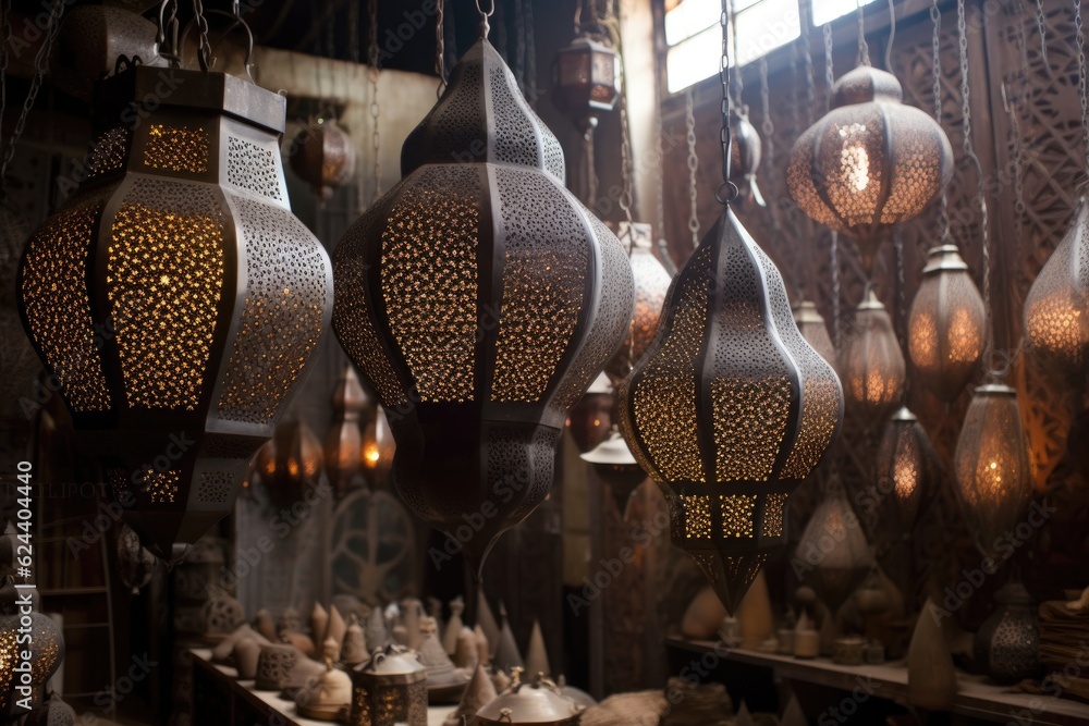 Sticker intricate moroccan lanterns hanging in a workshop, created with generative ai