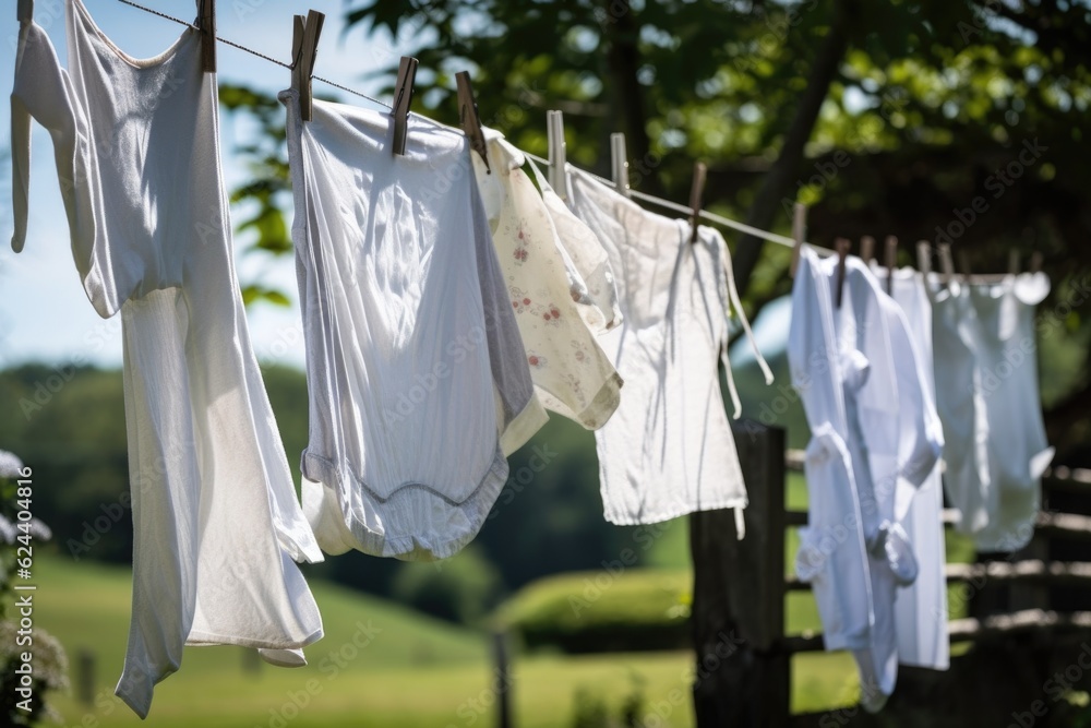 Poster freshly washed clothes, fluttering in the breeze, on a warm summer day, created with generative ai