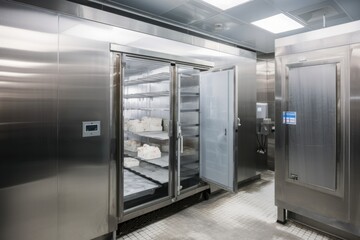 walk-in freezer, filled with block of ice and frozen foods, created with generative ai