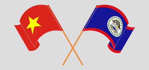 Crossed and waving flags of Vietnam and Belize
