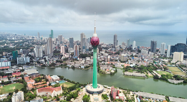 Aerial view of the main attraction, the Lotus Tower in the capital of Sri Lanka, Colombo. 