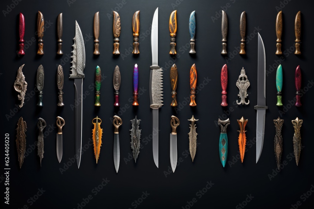 Poster collection of bespoke knives displayed together, created with generative ai