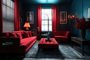 monochromatic room with a single pop of color, created with generative ai