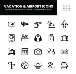 Vacation and airport icons set in 32 x 32 pixel perfect with editable stroke