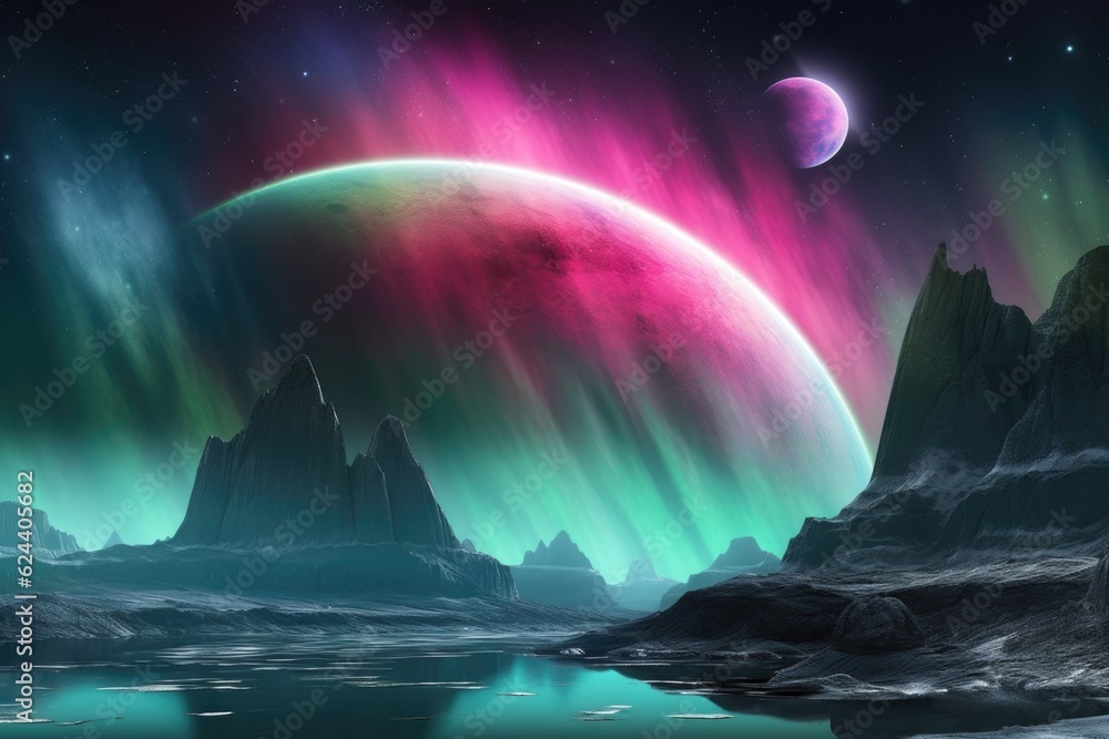 Sticker aurora on a rocky planet with multiple moons above, created with generative ai