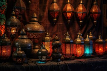 glowing moroccan lanterns in a dark room, created with generative ai